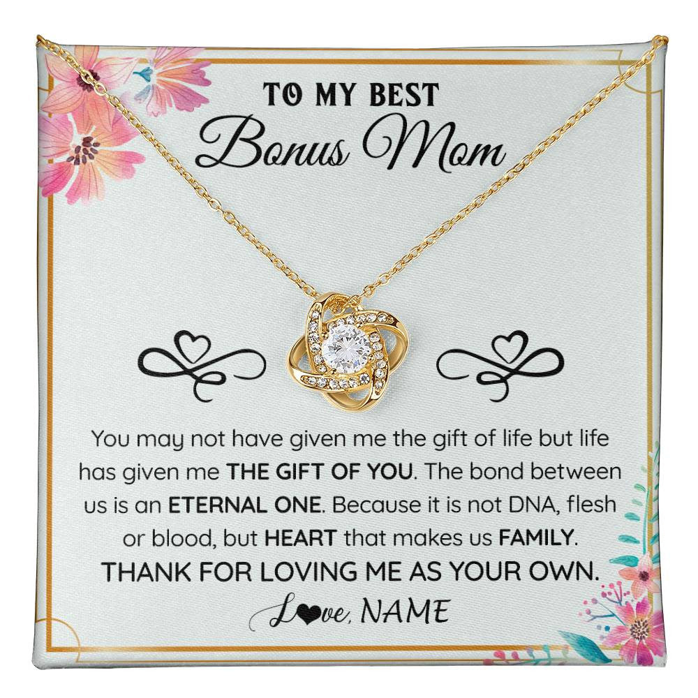 Love Knot Necklace 18K Yellow Gold Finish | 1 | Personalized To My Bonus Mom Necklace From Stepdaughter Thank You For Loving Stepmom Jewelry Pendant Birthday Gifts Christmas Customized Gift Box Message Card | teecentury