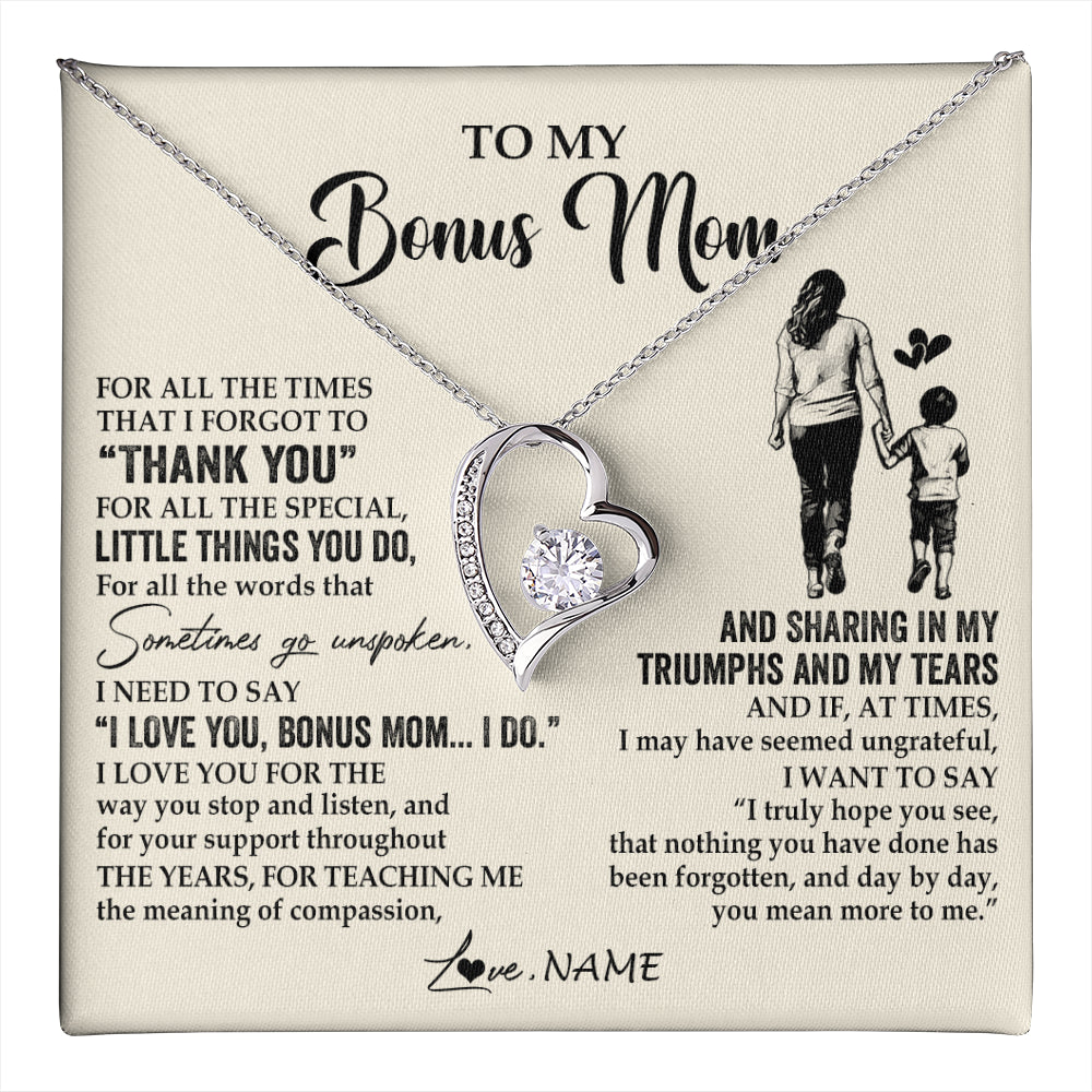 Forever Love Necklace 14K White Gold Finish | 1 | Personalized To My Bonus Mom Necklace From Stepson For All The Times That I Forgot To Thank You Birthday Mothers Day Christmas Customized Gift Box Message Card | teecentury