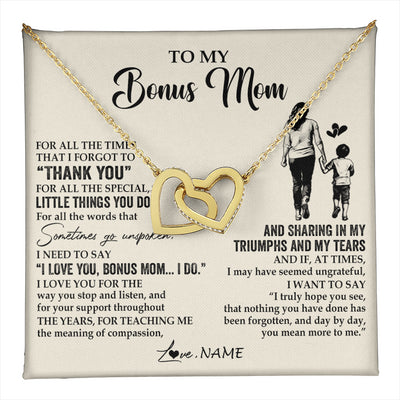 Interlocking Hearts Necklace 18K Yellow Gold Finish | 1 | Personalized To My Bonus Mom Necklace From Stepson For All The Times That I Forgot To Thank You Birthday Mothers Day Christmas Customized Gift Box Message Card | teecentury