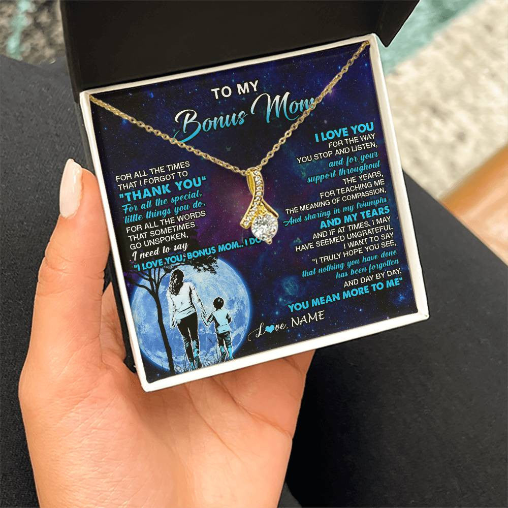 Alluring Beauty Necklace 18K Yellow Gold Finish | 2 | Personalized To My Bonus Mom Necklace From Stepson Thank You Day By Day Stepmom Birthday Gifts Mothers Day Christmas Customized Gift Box Message Card | teecentury