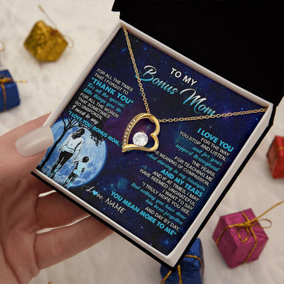 Forever Love Necklace 18K Yellow Gold Finish | 2 | Personalized To My Bonus Mom Necklace From Stepson Thank You Day By Day Stepmom Birthday Gifts Mothers Day Christmas Customized Gift Box Message Card | teecentury