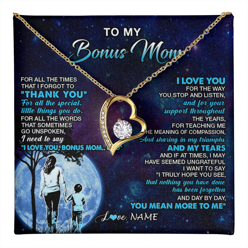 Forever Love Necklace 18K Yellow Gold Finish | 1 | Personalized To My Bonus Mom Necklace From Stepson Thank You Day By Day Stepmom Birthday Gifts Mothers Day Christmas Customized Gift Box Message Card | teecentury
