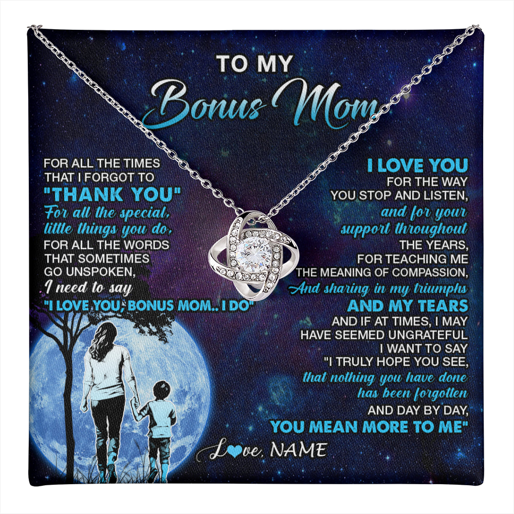 Love Knot Necklace 14K White Gold Finish | 1 | Personalized To My Bonus Mom Necklace From Stepson Thank You Day By Day Stepmom Birthday Gifts Mothers Day Christmas Customized Gift Box Message Card | teecentury