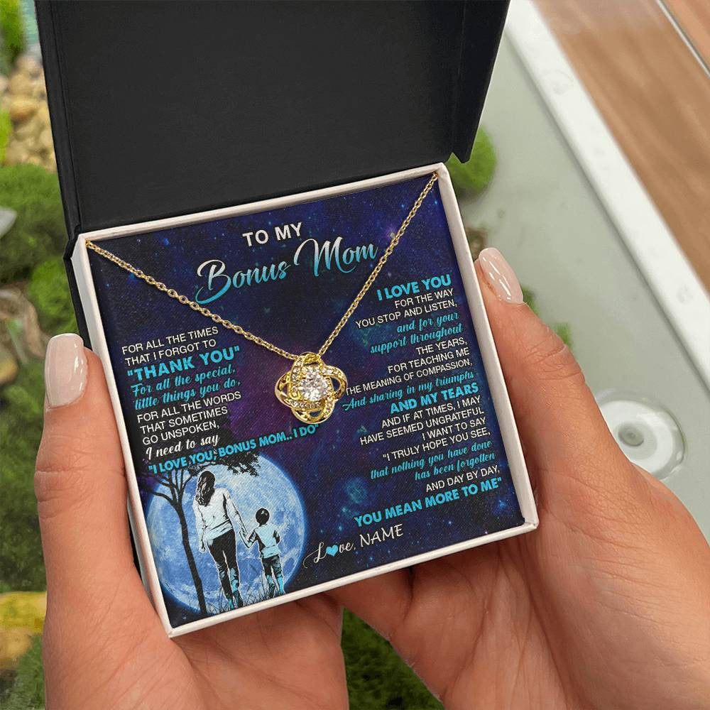 Love Knot Necklace 18K Yellow Gold Finish | 2 | Personalized To My Bonus Mom Necklace From Stepson Thank You Day By Day Stepmom Birthday Gifts Mothers Day Christmas Customized Gift Box Message Card | teecentury