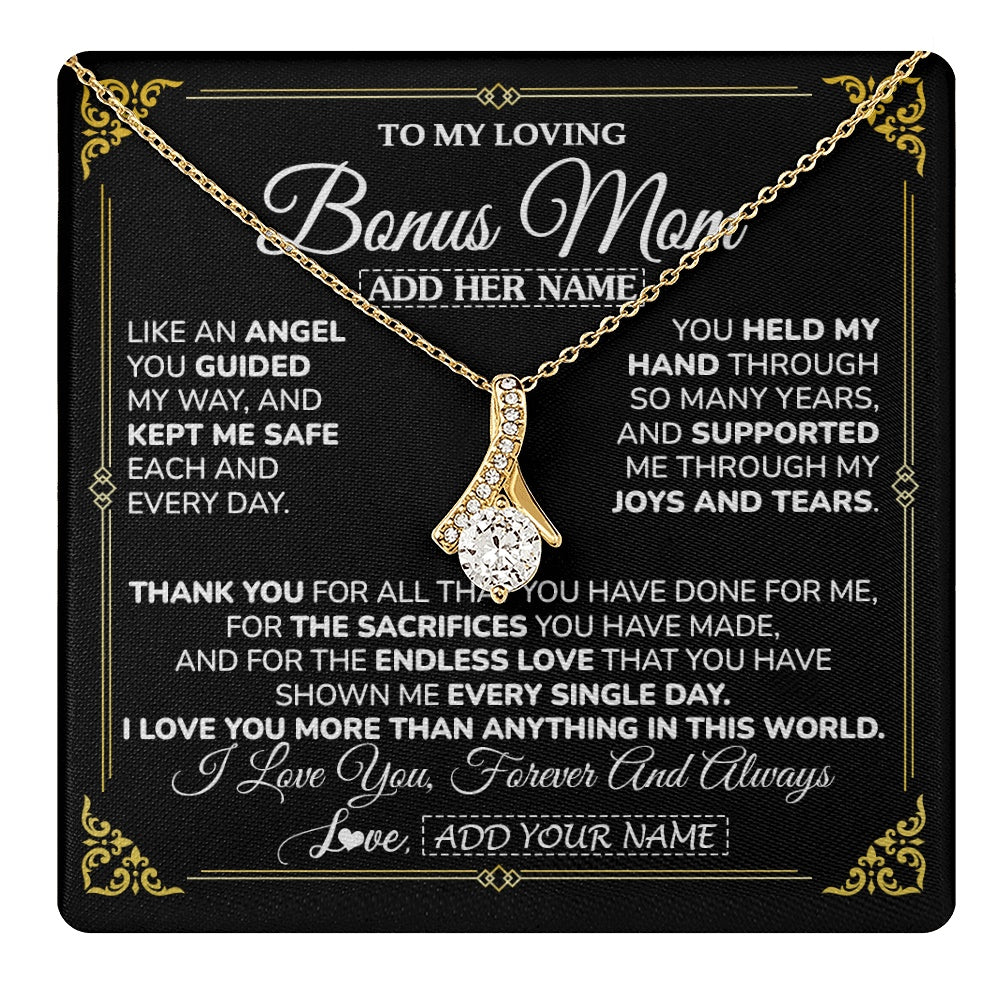 Alluring Beauty Necklace 18K Yellow Gold Finish | 1 | Personalized To My Bonus Mom Necklace Gifts Meaningful Gift To Stepmom From Stepdaughter Without You There Is No Me Mothers Day Birthday Gift Box Message Card | https://teecentury.