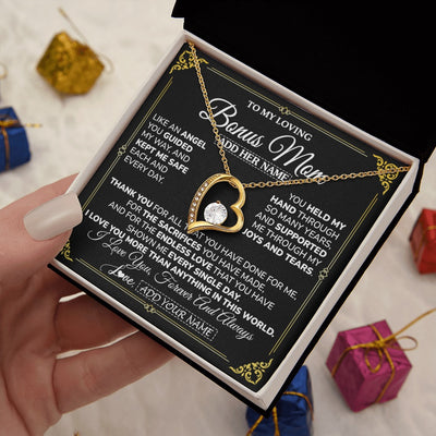 Forever Love Necklace 18K Yellow Gold Finish | 2 | Personalized To My Bonus Mom Necklace Gifts Meaningful Gift To Stepmom From Stepdaughter Without You There Is No Me Mothers Day Birthday Gift Box Message Card | https://teecentury.