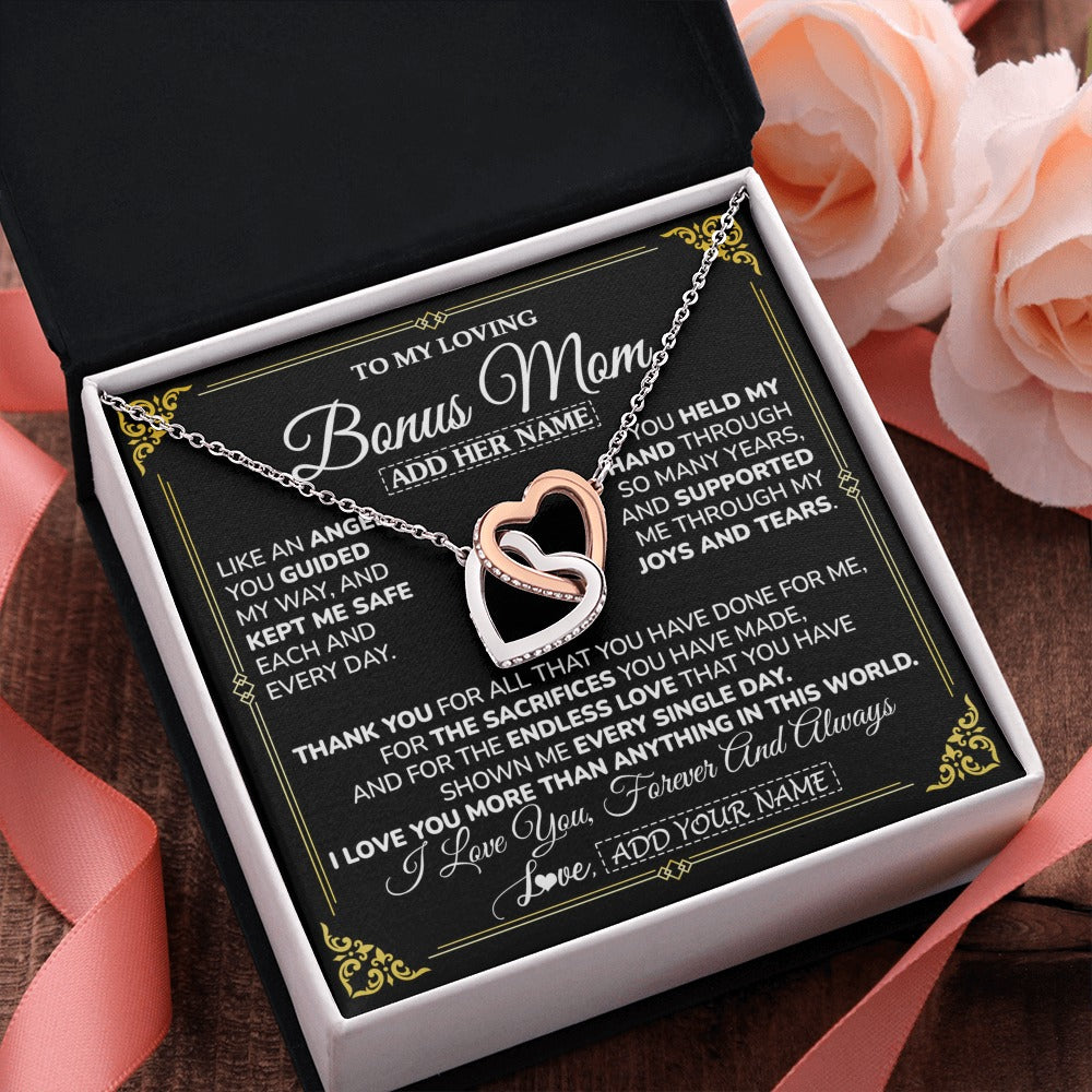 Interlocking Hearts Necklace Stainless Steel & Rose Gold Finish | 2 | Personalized To My Bonus Mom Necklace Gifts Meaningful Gift To Stepmom From Stepdaughter Without You There Is No Me Mothers Day Birthday Gift Box Message Card | https://teecentury.