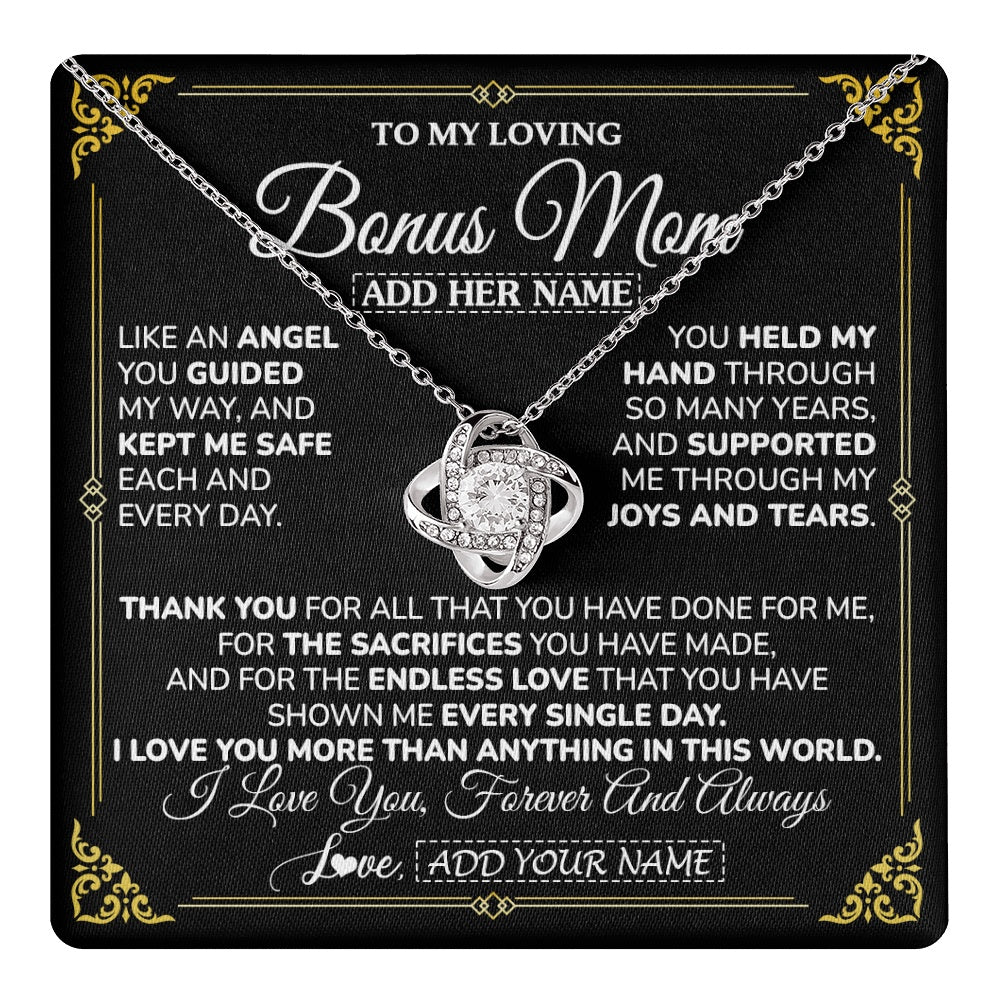 Love Knot Necklace 14K White Gold Finish | 1 | Personalized To My Bonus Mom Necklace Gifts Meaningful Gift To Stepmom From Stepdaughter Without You There Is No Me Mothers Day Birthday Gift Box Message Card | https://teecentury.