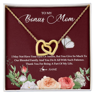 Interlocking Hearts Necklace 18K Yellow Gold Finish | Personalized To My Bonus Mom Necklace Thank You For Being A Part Of My Life Mother In Law Stepmom Jewelry Birthday Mothers Day Customized Gift Box Message Card | teecentury
