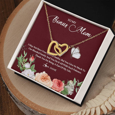 Interlocking Hearts Necklace 18K Yellow Gold Finish | Personalized To My Bonus Mom Necklace Thank You For Being A Part Of My Life Mother In Law Stepmom Jewelry Birthday Mothers Day Customized Gift Box Message Card | teecentury