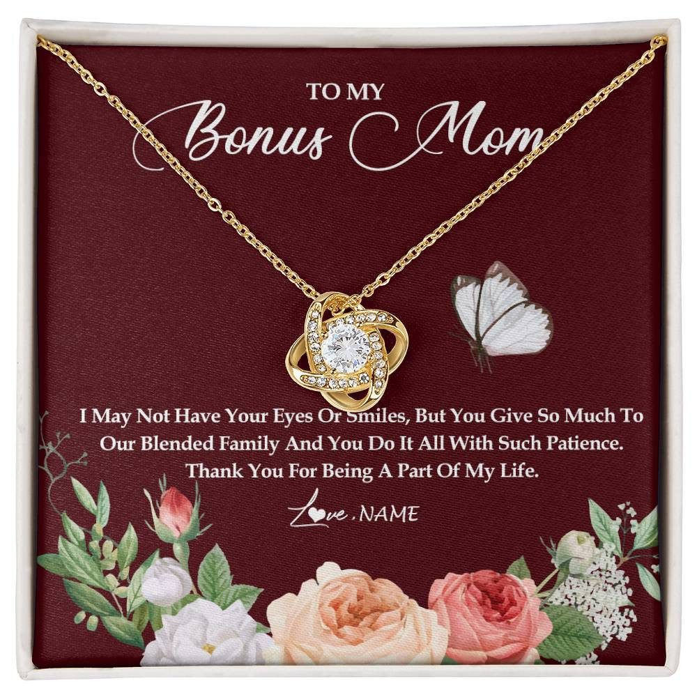 Love Knot Necklace 18K Yellow Gold Finish | Personalized To My Bonus Mom Necklace Thank You For Being A Part Of My Life Mother In Law Stepmom Jewelry Birthday Mothers Day Customized Gift Box Message Card | teecentury