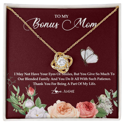 Love Knot Necklace 18K Yellow Gold Finish | Personalized To My Bonus Mom Necklace Thank You For Being A Part Of My Life Mother In Law Stepmom Jewelry Birthday Mothers Day Customized Gift Box Message Card | teecentury