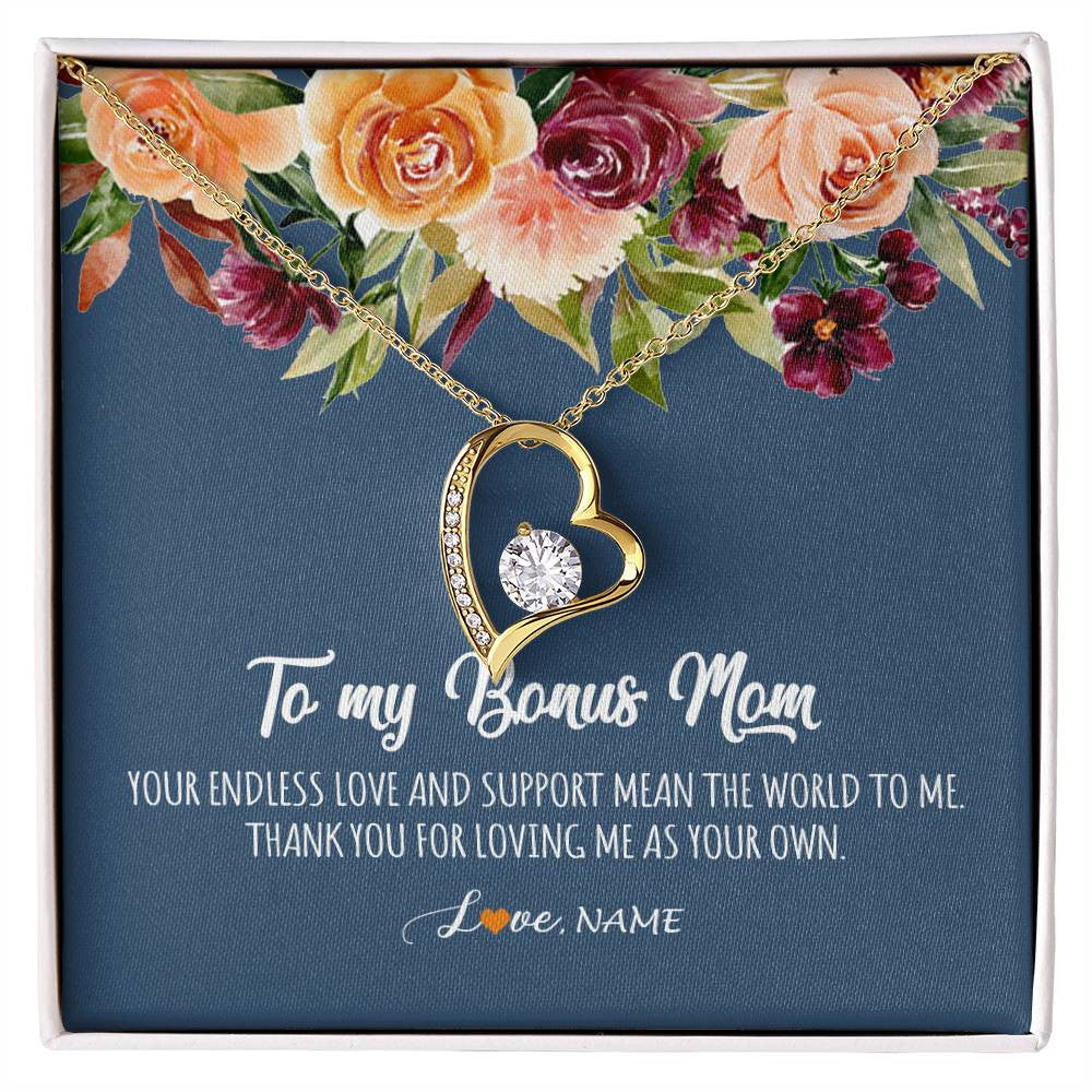 Forever Love Necklace 18K Yellow Gold Finish | Personalized To My Bonus Mom Necklace Your Endless Love and Support Stepmother Stepmom Jewelry Birthday Mothers Day Christmas Customized Gift Box Message Card | teecentury