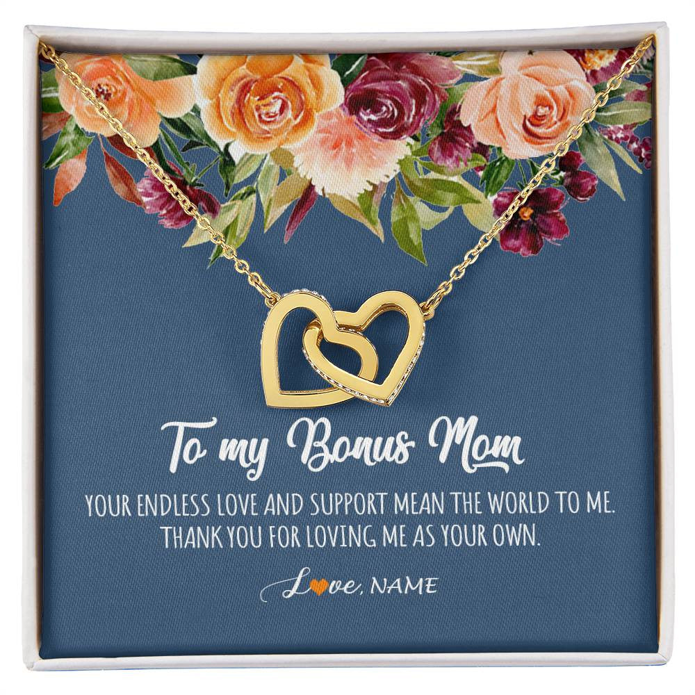 Interlocking Hearts Necklace 18K Yellow Gold Finish | Personalized To My Bonus Mom Necklace Your Endless Love and Support Stepmother Stepmom Jewelry Birthday Mothers Day Christmas Customized Gift Box Message Card | teecentury