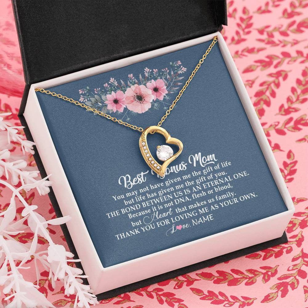 Forever Love Necklace 18K Yellow Gold Finish | Personalized To My Bonus Mom Necklace from Daughter Thank You For Loving Me Bonus Mom Jewelry Birthday Mothers Day Christmas Customized Message Card | teecentury