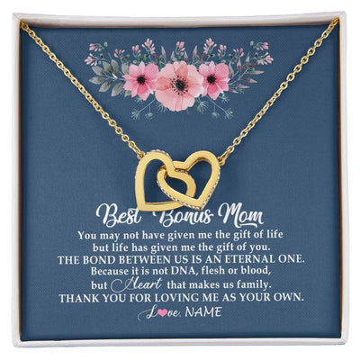 Interlocking Hearts Necklace 18K Yellow Gold Finish | Personalized To My Bonus Mom Necklace from Daughter Thank You For Loving Me Bonus Mom Jewelry Birthday Mothers Day Christmas Customized Message Card | teecentury
