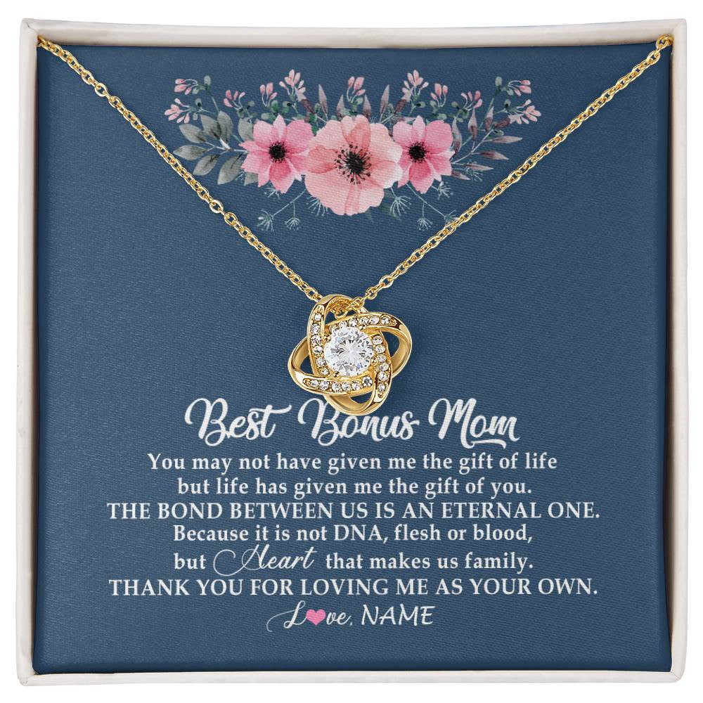 Love Knot Necklace 18K Yellow Gold Finish | Personalized To My Bonus Mom Necklace from Daughter Thank You For Loving Me Bonus Mom Jewelry Birthday Mothers Day Christmas Customized Message Card | teecentury