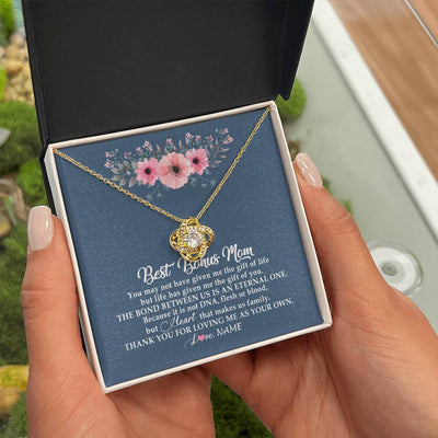 Love Knot Necklace 18K Yellow Gold Finish | Personalized To My Bonus Mom Necklace from Daughter Thank You For Loving Me Bonus Mom Jewelry Birthday Mothers Day Christmas Customized Message Card | teecentury