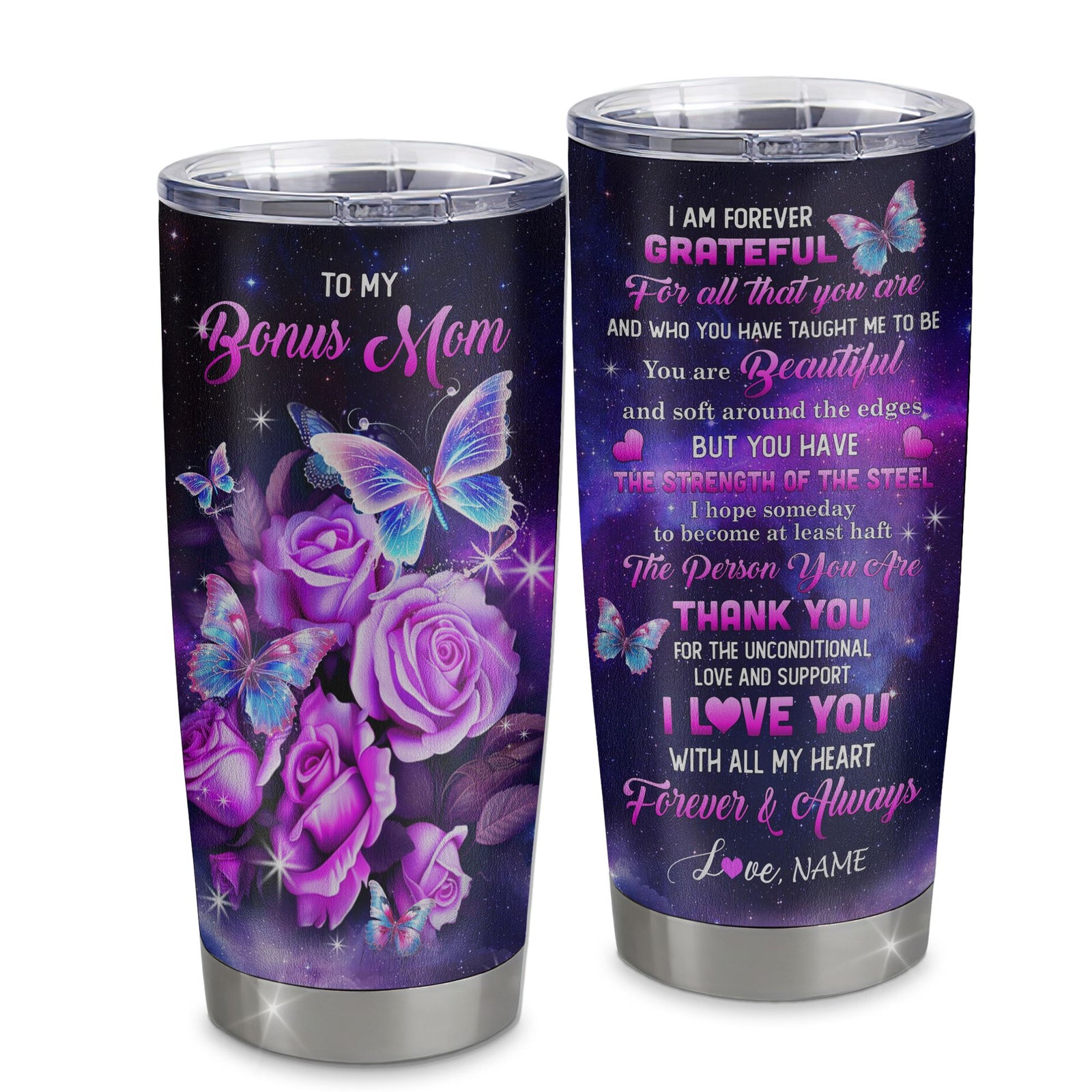 Personalized To My Bonus Mom Tumbler From Stepdaughter Stainless Steel Cup Grateful Thank You Butterfly Stepmom Gift Birthday Thanksgiving Christmas Travel Mug | teecentury