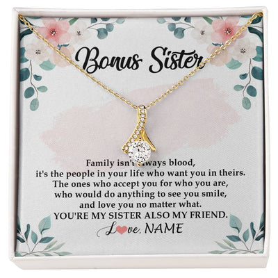 Alluring Beauty Necklace 18K Yellow Gold Finish | Personalized To My Bonus Sister Necklace You're My Sister Also My Friend Sister Pendant Jewelry Wedding Birthday Christmas Customized Gift Box Message Card | teecentury