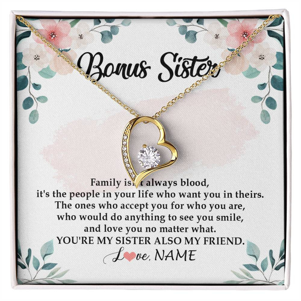 Forever Love Necklace 18K Yellow Gold Finish | Personalized To My Bonus Sister Necklace You're My Sister Also My Friend Sister Pendant Jewelry Wedding Birthday Christmas Customized Gift Box Message Card | teecentury