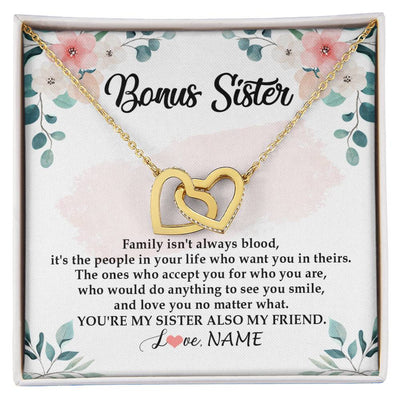 Interlocking Hearts Necklace 18K Yellow Gold Finish | Personalized To My Bonus Sister Necklace You're My Sister Also My Friend Sister Pendant Jewelry Wedding Birthday Christmas Customized Gift Box Message Card | teecentury