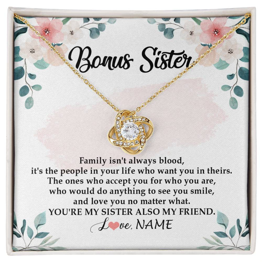 Love Knot Necklace 18K Yellow Gold Finish | Personalized To My Bonus Sister Necklace You're My Sister Also My Friend Sister Pendant Jewelry Wedding Birthday Christmas Customized Gift Box Message Card | teecentury