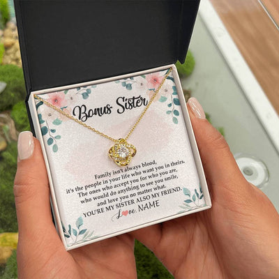 Love Knot Necklace 18K Yellow Gold Finish | Personalized To My Bonus Sister Necklace You're My Sister Also My Friend Sister Pendant Jewelry Wedding Birthday Christmas Customized Gift Box Message Card | teecentury