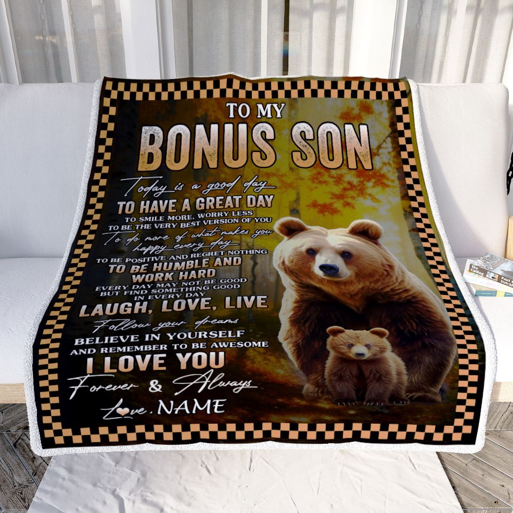 Personalized To My Bonus Son Bear Blanket From Stepmother Every Day Laugh Love Live Stepson Birthday Gifts Christmas Customized Fleece Throw Blanket | teecentury