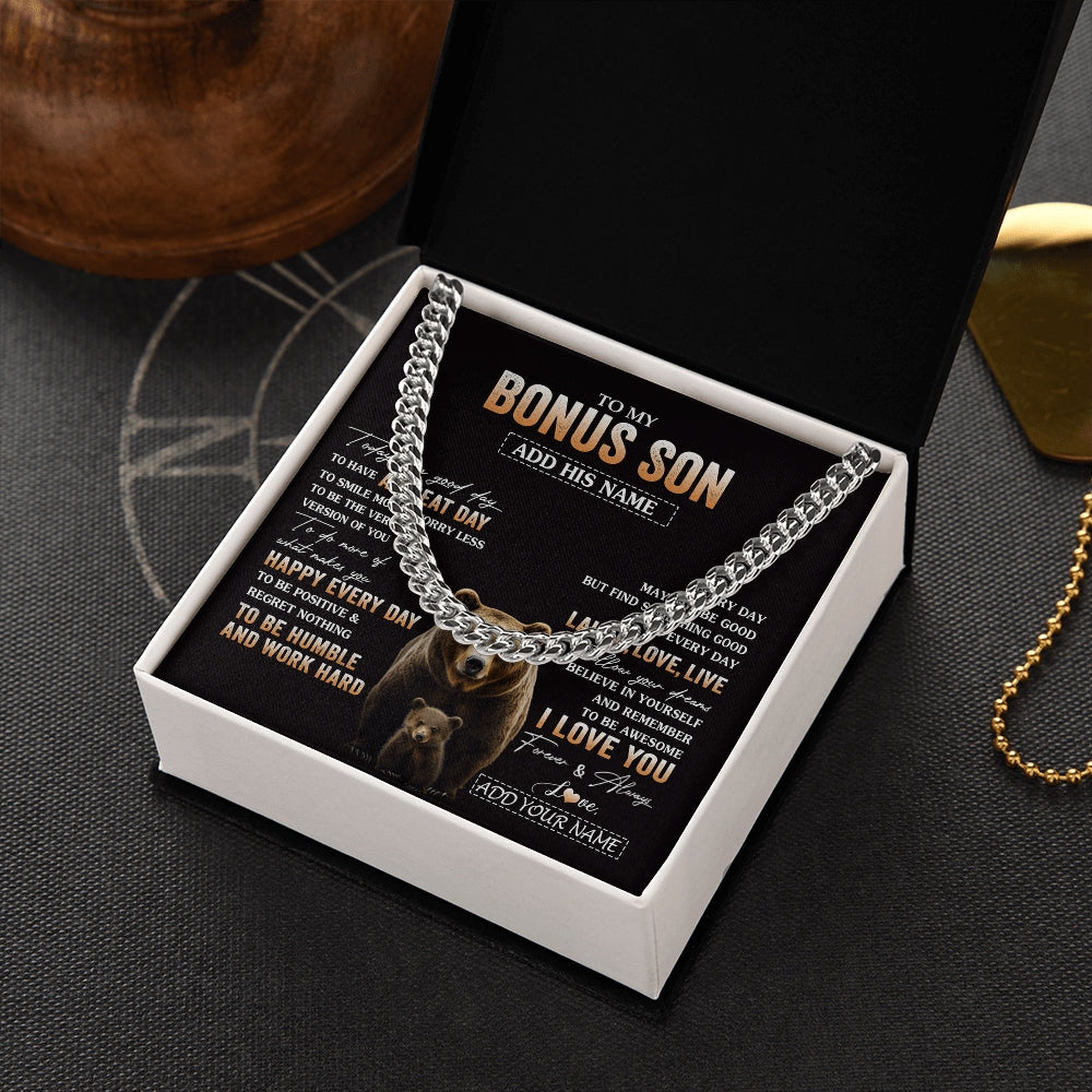 Cuban Link Chain Necklace Stainless Steel | 2 | Personalized To My Bonus Son Bear Necklace From Stepmother Stepfather Every Day Laugh Love Live Stepson Birthday Gifts Christmas Custom Gift Box Message Card | https://teecentury.
