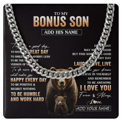 Cuban Link Chain Necklace Stainless Steel | 1 | Personalized To My Bonus Son Bear Necklace From Stepmother Stepfather Every Day Laugh Love Live Stepson Birthday Gifts Christmas Custom Gift Box Message Card | https://teecentury.