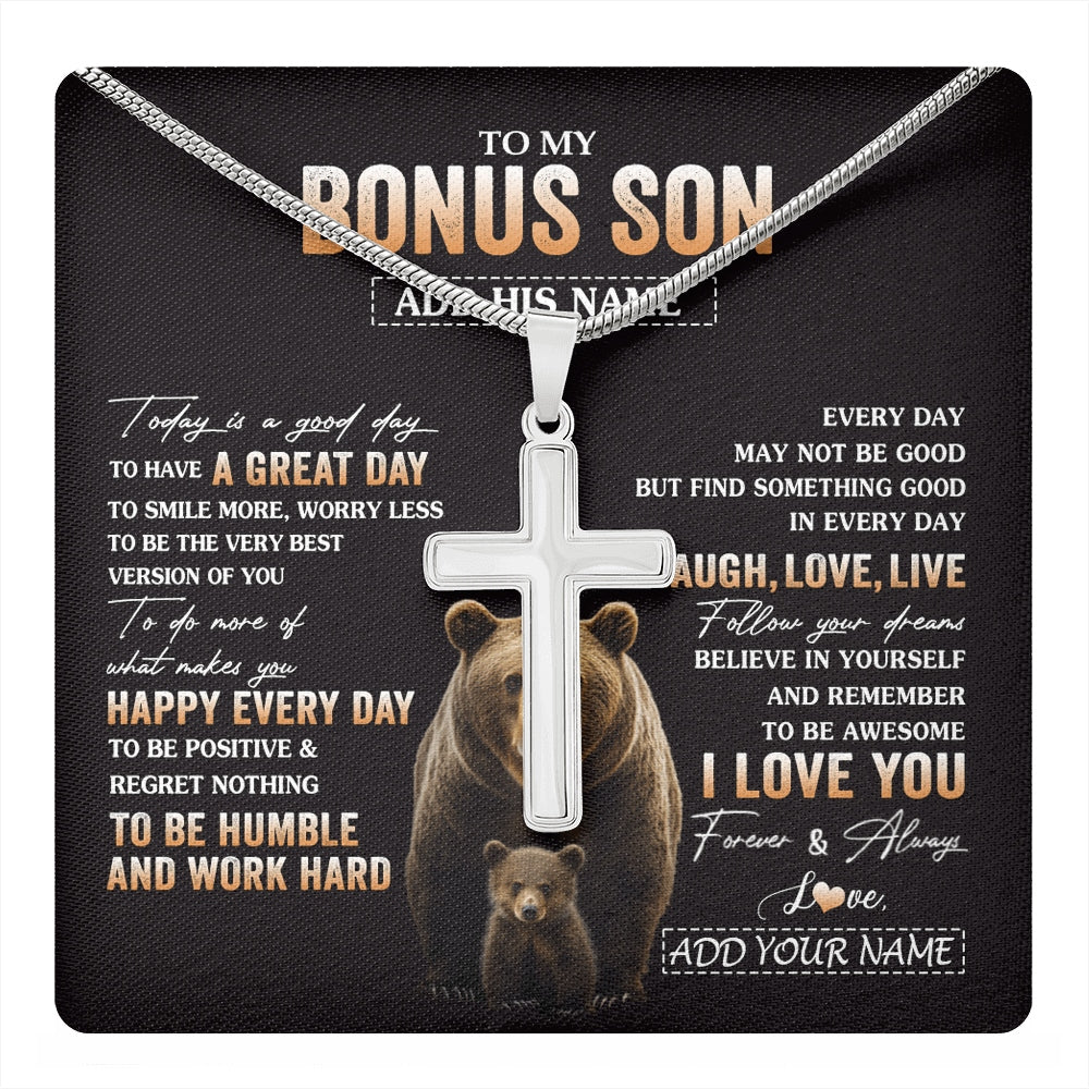 Stainless Cross Necklace Stainless Steel | 1 | Personalized To My Bonus Son Bear Necklace From Stepmother Stepfather Every Day Laugh Love Live Stepson Birthday Gifts Christmas Custom Gift Box Message Card | https://teecentury.