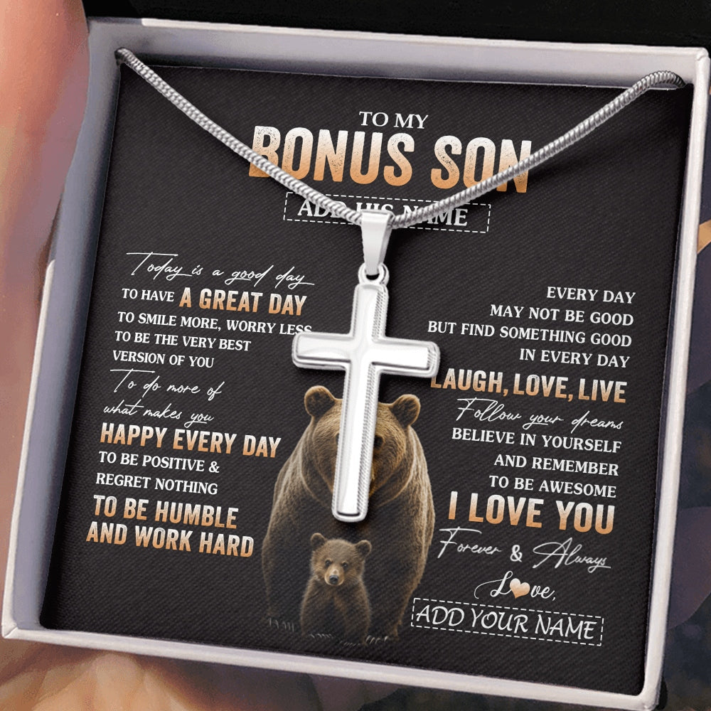 Stainless Cross Necklace Stainless Steel | 2 | Personalized To My Bonus Son Bear Necklace From Stepmother Stepfather Every Day Laugh Love Live Stepson Birthday Gifts Christmas Custom Gift Box Message Card | https://teecentury.