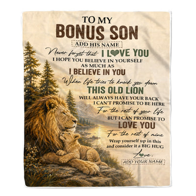 Personalized To My Bonus Son Birthday Gifts From Stepdad This Old Lion Blanket Stepson Gifts Graduation Christmas Gift Ideas For Men Fleece Throw Blanket | teecentury