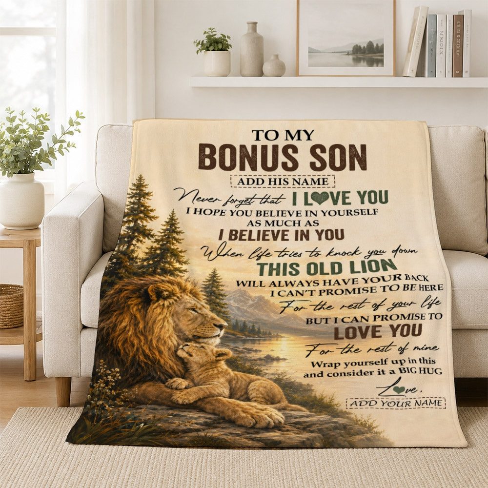 Personalized To My Bonus Son Birthday Gifts From Stepdad This Old Lion Blanket Stepson Gifts Graduation Christmas Gift Ideas For Men Fleece Throw Blanket | teecentury