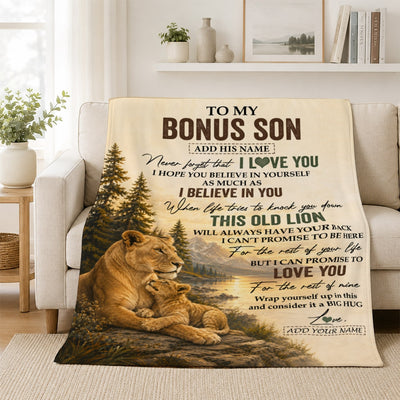 Personalized To My Bonus Son Birthday Gifts From Stepmom This Old Lion Blanket Stepson Gifts Graduation Christmas Gift Ideas For Men Fleece Throw Blanket | teecentury