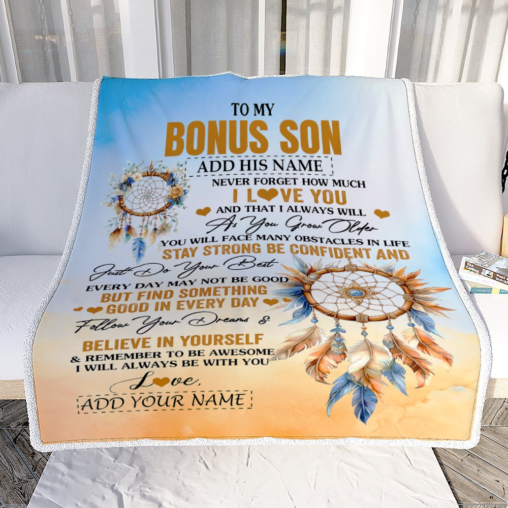 Personalized To My Bonus Son Blanket Dream Catcher I Love You Forever From Stepmom Stepdad Stepson Birthday Gifts Christmas Graduation Custom Fleece Blanket | teecentury