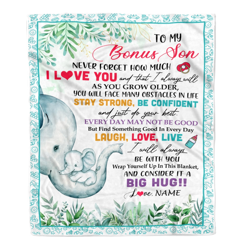 Personalized To My Bonus Son Blanket From Mom Never Forget I Love You Elephant Baby Stepson Birthday Christmas Customized Bed Fleece Throw Blanket | teecentury