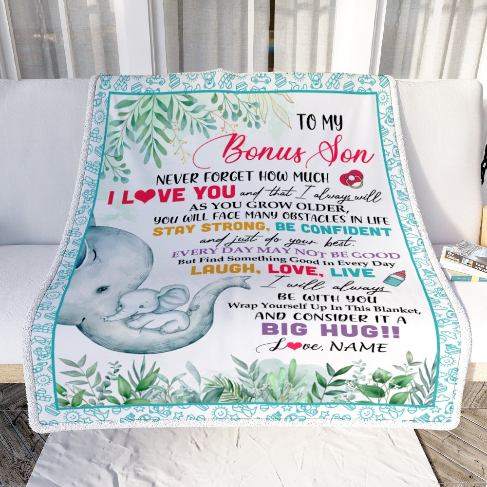 Personalized To My Bonus Son Blanket From Mom Never Forget I Love You Elephant Baby Stepson Birthday Christmas Customized Bed Fleece Throw Blanket | teecentury