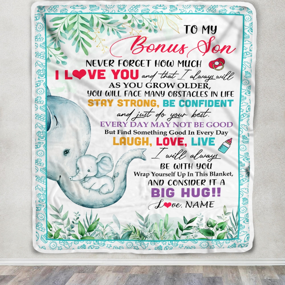 Personalized To My Bonus Son Blanket From Mom Never Forget I Love You Elephant Baby Stepson Birthday Christmas Customized Bed Fleece Throw Blanket | teecentury