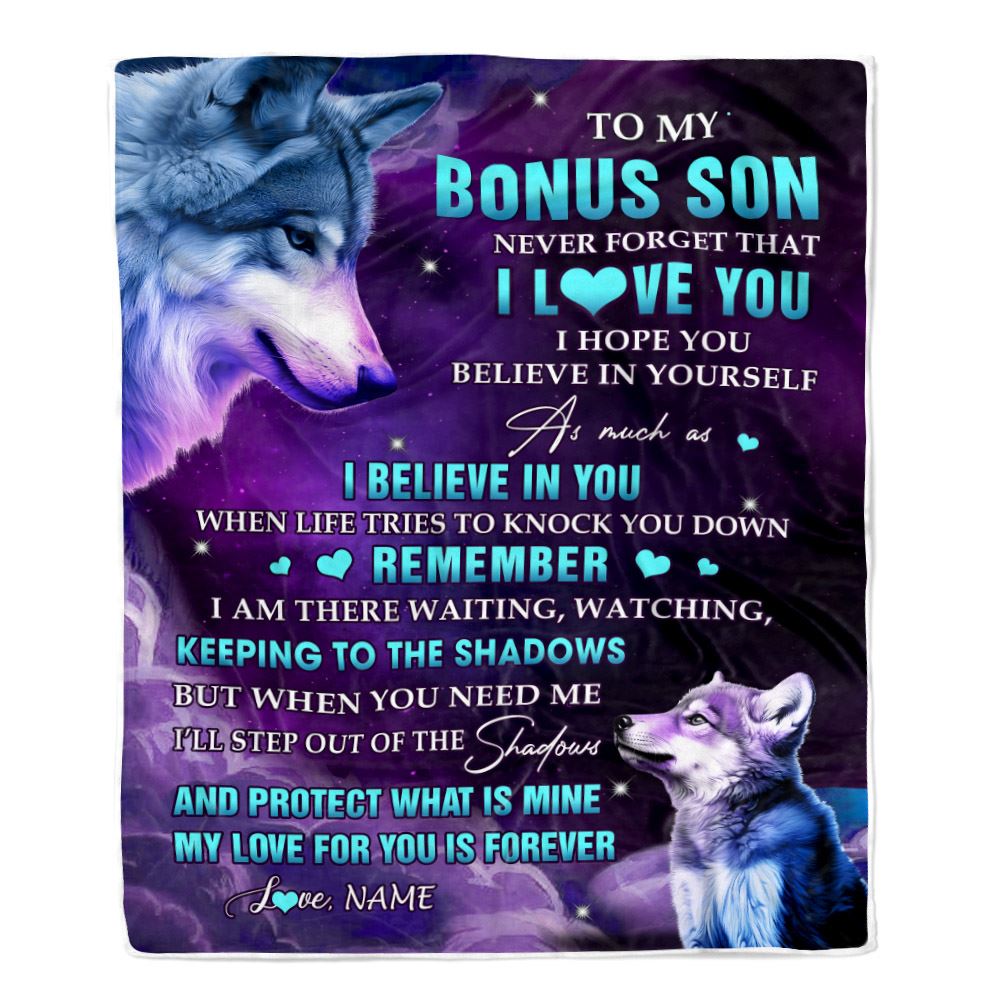 Personalized To My Bonus Son Blanket From Mom Wolf Moon My Love For You Is Forever Stepson Birthday Graduation Christmas Customized Fleece Blanket | teecentury