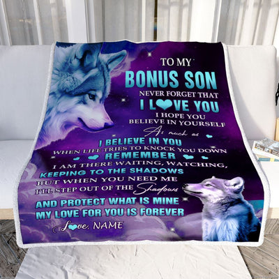Personalized To My Bonus Son Blanket From Mom Wolf Moon My Love For You Is Forever Stepson Birthday Graduation Christmas Customized Fleece Blanket | teecentury