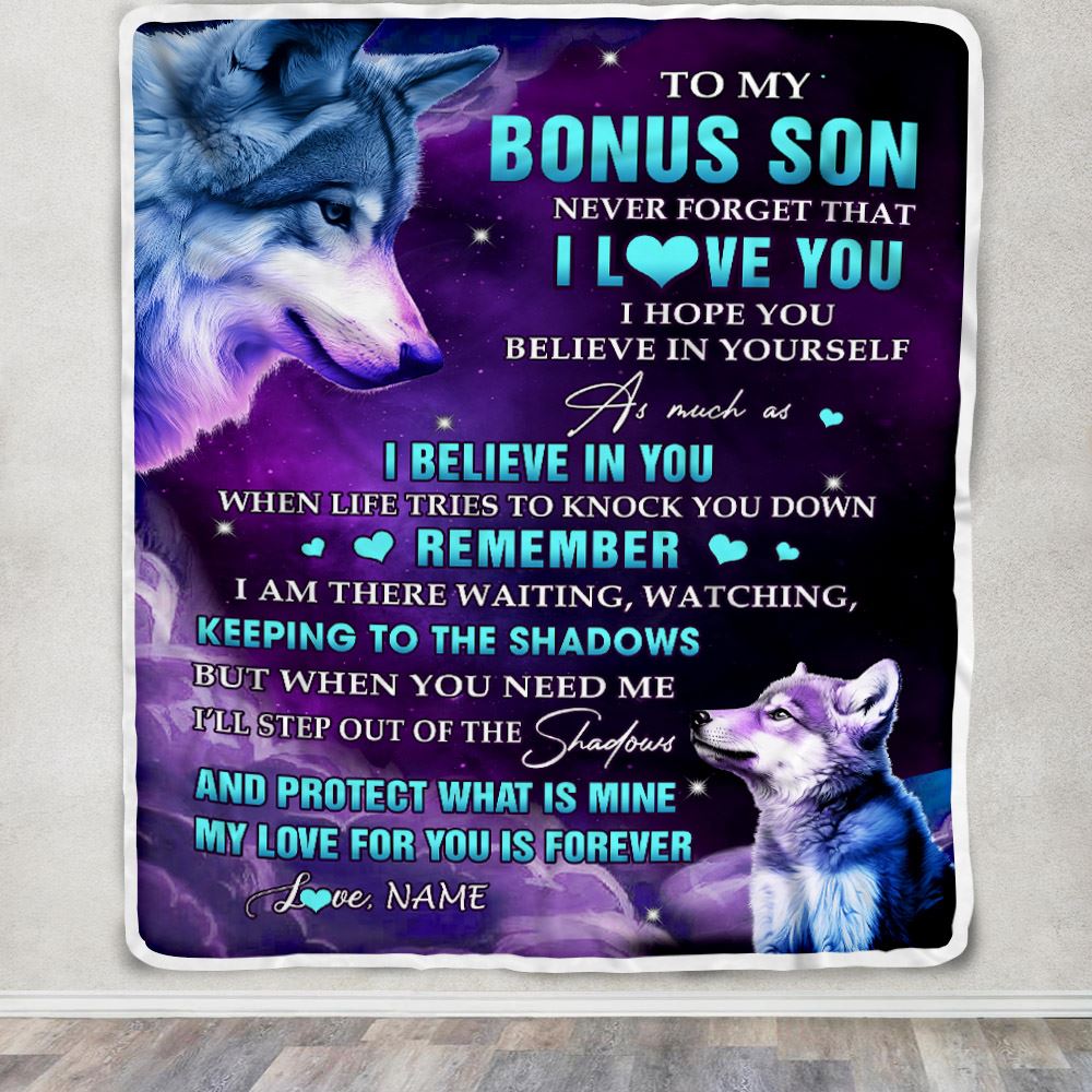 Personalized To My Bonus Son Blanket From Mom Wolf Moon My Love For You Is Forever Stepson Birthday Graduation Christmas Customized Fleece Blanket | teecentury