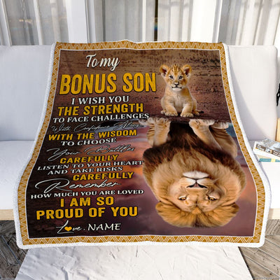 Personalized To My Bonus Son Blanket From Step Mom Dad I Wish You The Strength Lion Stepson Birthday Gifts Graduation Christmas Customized Fleece Throw Blanket | teecentury