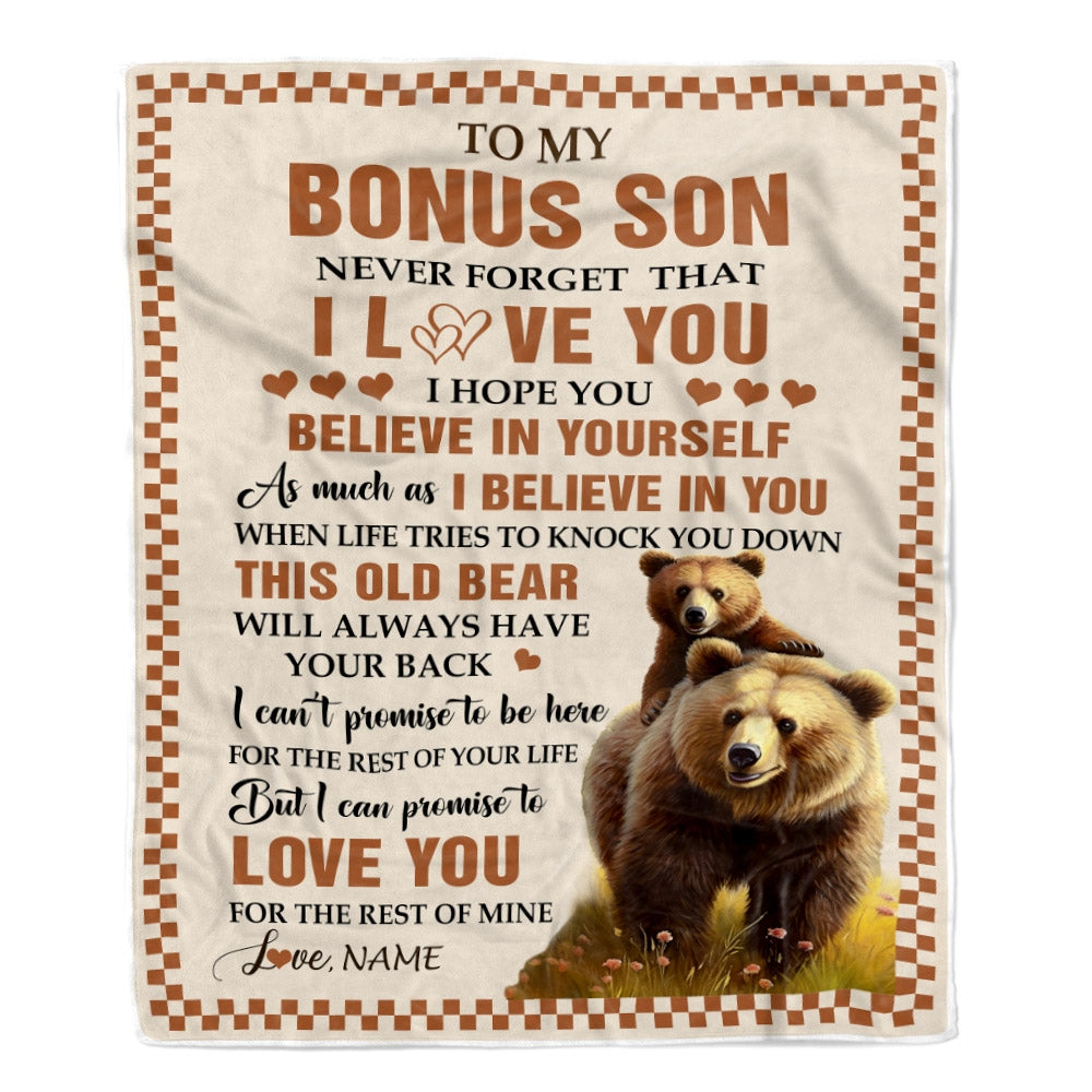 Personalized To My Bonus Son Blanket From Step Mom Dad This Old Bear Love You Stepson Birthday Gifts Graduation Christmas Customized Bed Fleece Throw Blanket | teecentury