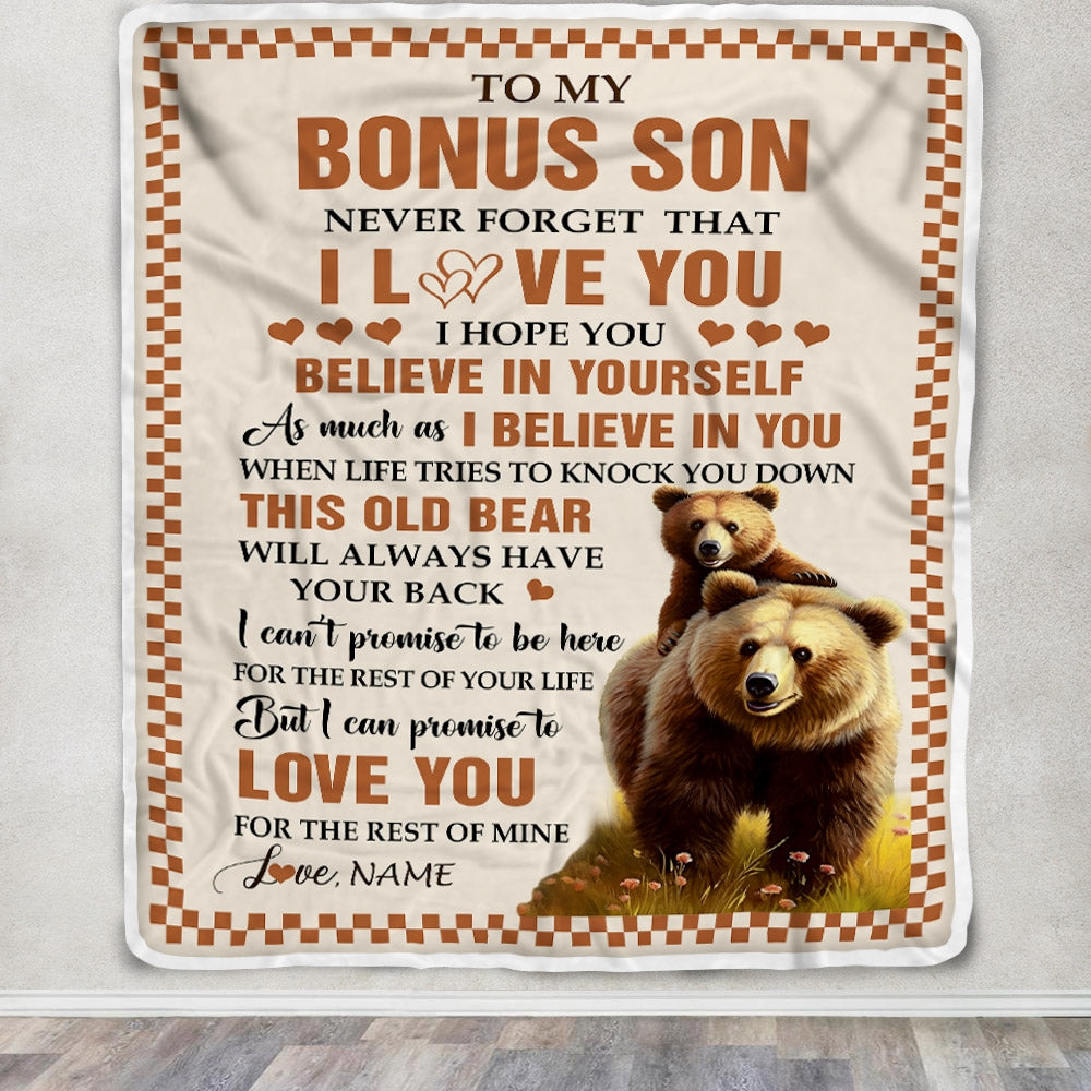 Personalized To My Bonus Son Blanket From Step Mom Dad This Old Bear Love You Stepson Birthday Gifts Graduation Christmas Customized Bed Fleece Throw Blanket | teecentury