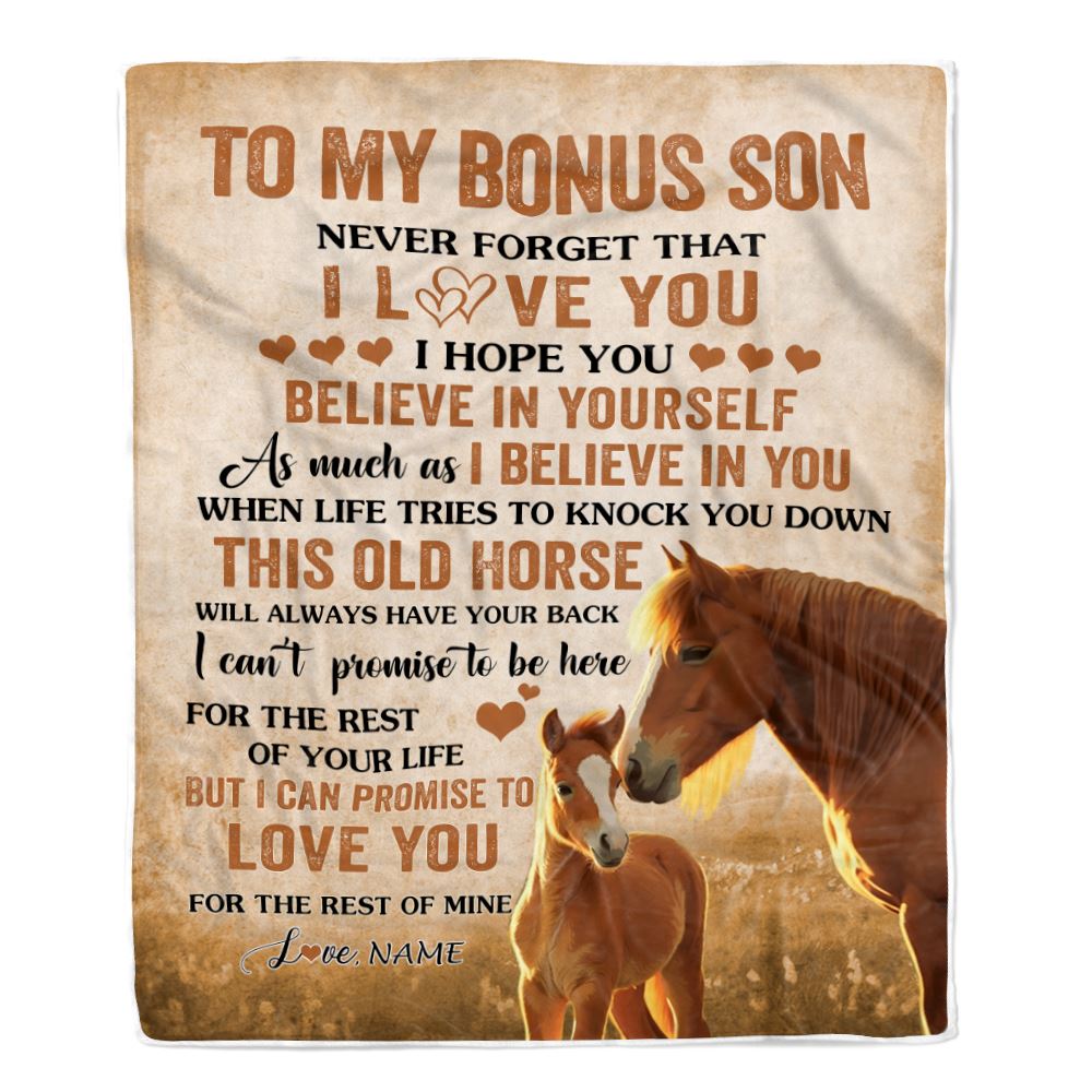 Personalized To My Bonus Son Blanket From Step Mom Dad This Old Horse Love Stepson Birthday Gifts Graduation Christmas Customized Bed Fleece Throw Blanket | teecentury