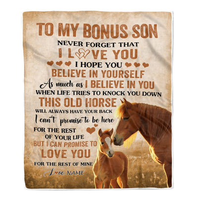 Personalized To My Bonus Son Blanket From Step Mom Dad This Old Horse Love Stepson Birthday Gifts Graduation Christmas Customized Bed Fleece Throw Blanket | teecentury