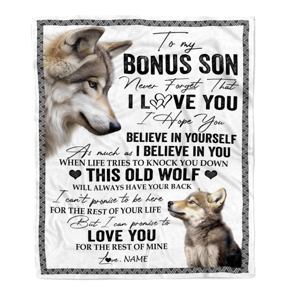 Personalized To My Bonus Son Blanket From Step Mom Dad This Old Wolf Love You Stepson Birthday Gifts Graduation Christmas Customized Fleece Blanket | teecentury