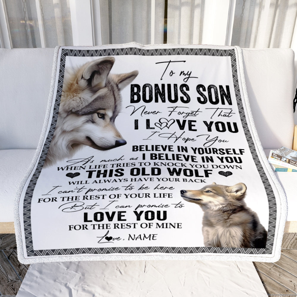 Personalized To My Bonus Son Blanket From Step Mom Dad This Old Wolf Love You Stepson Birthday Gifts Graduation Christmas Customized Fleece Blanket | teecentury